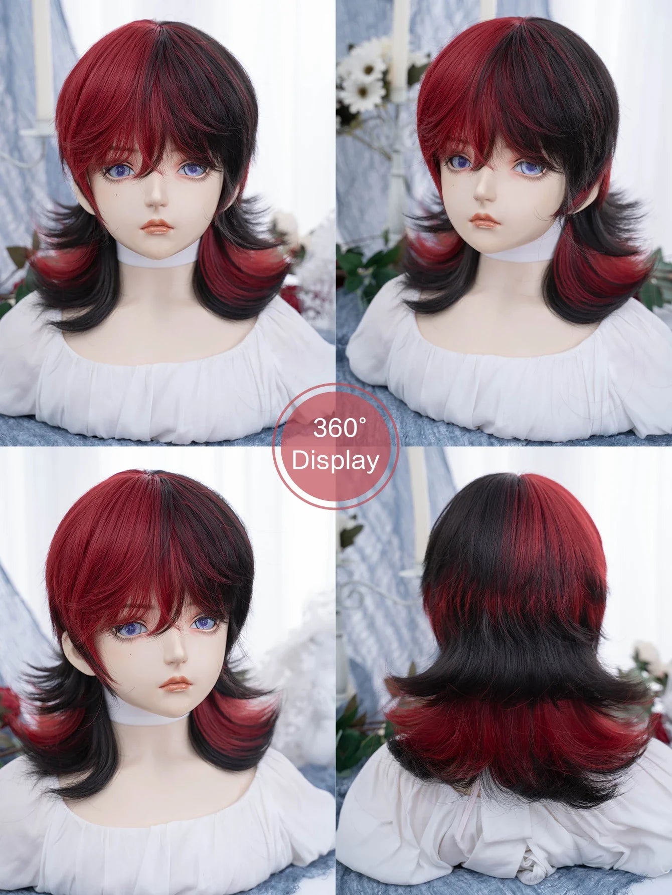 Qfdian 16Inch Handsome Girl Cosplay Black Red Synthetic Wigs With Bangs Medium Natural Wavy Hair Wig for Man or Women Heat Resistant