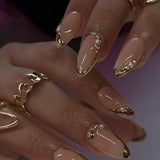 Qfdian 24Pcs Golden French Fake Nail with Almond Head Design Simple Oval False Nails Wearable Press on Nails Full Cover Nail Tips