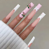 Qfdian 24Pcs Extra Long Square Fake Nail with Glue 3D Little Bear Bow Design False Nails White French Press on Nails Wearable Manicure
