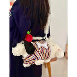 Qfdian Japanese Fluffy Cartoon Striped Dog Shoulder Bag Kawaii Sweet Fashion Women's Handbags Y2k Aesthetic Cute Crossbody Bags Trendy