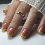 Qfdian 24Pcs Spring Colorful French Fake Nail with Designs Short Square Head Press on False Nails Wearable Simple Jelly Sticks on Nails