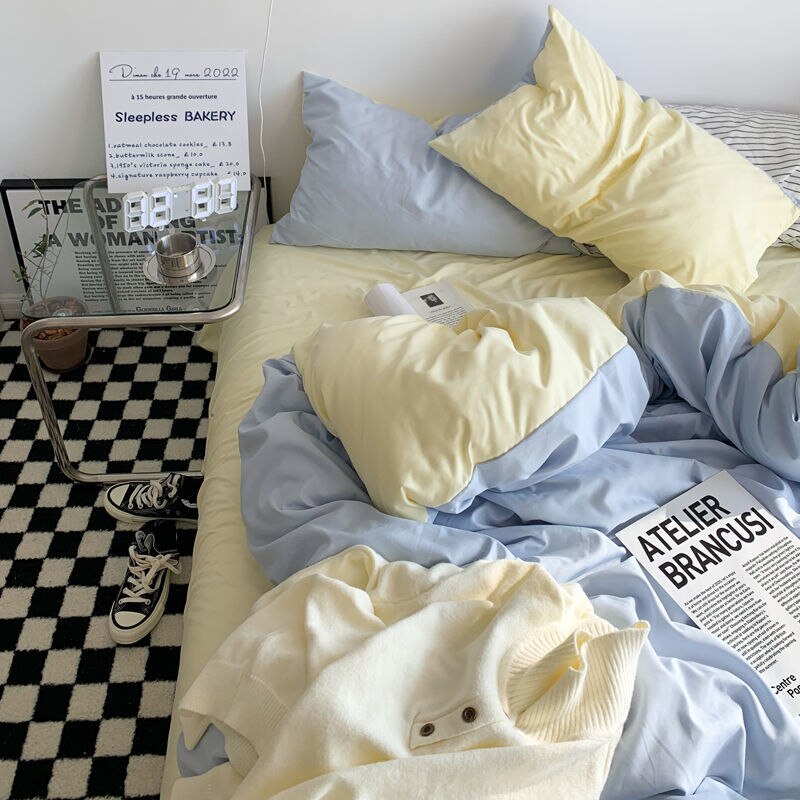 New Small Fresh Double Spell Light Blue Cheese Bed Sheet Four-piece Set Girl Heart Sunshine Dormitory Single Three-piece Set