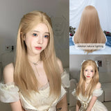 Qfdian 24Inch Blonde Golden Color Synthetic Wigs Middle Part Long Natural Straight Hair Wig for Women Daily Use Cosplay Heat Resistant