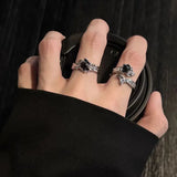 Qfdian  Kpop Irregular Black Geometry Punk Vintage Open Rings Set for Women Girls New Fashion Grunge Jewelry