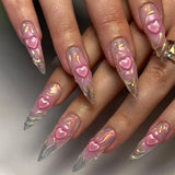 Qfdian  24pcs 3D Blue Heart Press on Nails Medium Almond Fake Nails with Glue Full Cover Pink Gradient Y2k False Nails Sweet Cool Nail