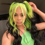 Qfdian Ombre Green Black Highlight Wig Synthetic Hair Loose Deep Wave Long Curly Wavy 13X4 frontal Colored Wigs for Women Party Cosplay