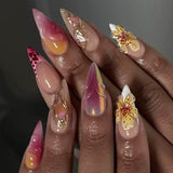 Qfdian  24Pcs Mid-length 3D Flowers Design Fingertips Sweet Butterfly Yellow Ripple Almond False Nails Detachable Full Cover Press Ons