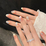Qfdian  10pcs Handmade Sweet Fake Nails Aurora Gradient Pink False Nail Patches Full Cover Wearable Sweet Korean Flowers Press on Nails