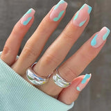 Qfdian  24pcs White Blue Press on Nails Short Square False Nails Wave Simple Lines Stick on Nails Colorful French Fake Nail Summer Fresh