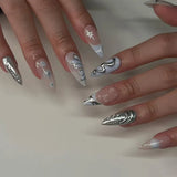 Qfdian 24Pcs Simple French Nails Art Tips Fake Nails 3D Design Wearable Full Cover False Nail Mid-length Almond Reusable Press on Nails