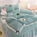 Qfdian Checkered Bedding Set Bed Skirt Ruffle Lace Princess Style Girls Duvet Cover Simple Solid Color Home Textiles Decor Bedroom