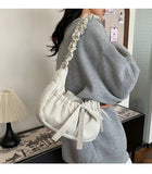 Qfdian Women Ins Casual Sweet Kawaii Bow Handbags Pleated Y2k Aesthetic Vintage Underarm Bag Fashion All Match Shoulder Crossbody Bags