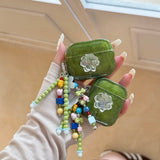 Qfdian  3D Flower Crystal Oil Painting Green Case For Airpods 4 anc keychain for airpods pro 1 2 3 Cover For Air Pods 3 Earphone Case