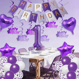 Qfdian  Purple White Foil Birthday Number Decorations Happy Birthday Banner Purple Happy Birthday Swirls Foil Heart Star Latex Balloons