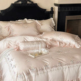 Qfdian 800TC Lyocell Bamboo Fiber Soft Silky Bedding Set Rose Floral Embroidery Lace Ruffles Duvet Cover Flat/Fitted Sheet Pillowcases