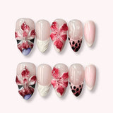 Qfdian  24pcs Red Cat Eye Press on Nails Pearl Heart Stick on Nails Bow French Fake Nails Sweet Cute Flower Nail Almond 3D False Nail