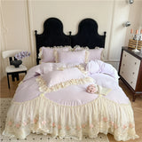 Qfdian  4Pcs Princess Wedding Bedding Set Korean Style Lace Flowers Embroidery Duvet Cover Bed Sheet/Fitted Sheet/Bed Skirt Pillowcases