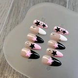 Qfdian Handmade Y2k Star False Nails Black Pink Almond Press On Nails Wearable Fake Nails Nail Art Tips Reusable Artificial Manicuree A
