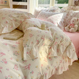 Qfdian  INS Floral Style Bedding Sets Ruffle Lace Bow Quilt Cover Romantic Bedclothes Decor Woman Girls Bedroom Duvet Cover 4pcs
