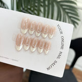 Qfdian 10pcs Handmade Oval Press On Nails Aurora French False Nails White Edge Rhinestone Design Nails Art Full Cover Wearable Manicure