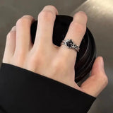Qfdian  Kpop Irregular Black Geometry Punk Vintage Open Rings Set for Women Girls New Fashion Grunge Jewelry