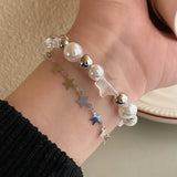 Harajuku Crystal Star Pentagram Pearl Beaded Bracelet for Women Vintage Aesthetic Charm Double Layer Chain Bracelet Jewelry Gift
