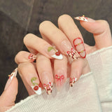 Qfdian  10pcs Handmade French Almond Press on Nails 3D Cherry Flowers Design False Nails Wearable Sweet Cool Fashion Fake Nail Tips