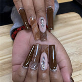 Qfdian  24Pcs Long Coffin False Nails Pink French Flowers Design Fake Nail with Butterfly Rhinestone Wearable Ballet Press on Nails