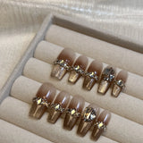 Qfdian 10 pcs Luxury Handmade Press on Nails Middle French with Rhinestone Design False Nails Wearable Manicure Nail Tips Art