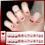 Qfdian  24pcs Bowknots Love Heart Pattern Press On Nails Cute Fresh Short Round French Style False Nails Korean Sweet Wearable Fake Nail