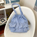 Qfdian Y2k Aesthetic Preppy Plaid Ruffled Women's Handbags Korean Women Fashion Shoulder Bags All Match Drawstring Pleated Underarm Bag