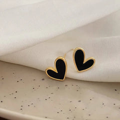 Cute Korean Black Heart Earrings Bling Zircon Stone Gold Color Stud Earring for Women Fashion Jewelry 2024 New Gift