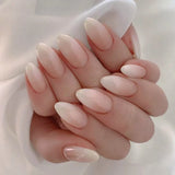 Qfdian 24Pcs Mid-length Stiletto Fake Nail with Jelly Glue Aurora Pure White Design Almond False Nails Wearable Oval Press on Nails