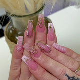 Qfdian 24Pcs Pure White French Press on Nails Long Square Head False Nails with Pearl Pink Bow Design Ballet Wearable Fake Nails