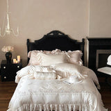 Qfdian 800TC Lyocell Bamboo Fiber Soft Silky Bedding Set Rose Floral Embroidery Lace Ruffles Duvet Cover Flat/Fitted Sheet Pillowcases
