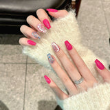 Qfdian Handmade Press On Nails Flash Glossy Red Cat's Eye False Nail Tips With Glitter Wave Point Designs Short Wearable Fake Nail