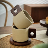 Qfdian Vintage Ceramic Wooden Handle Coffee Cup with Tray Antique 300ml Tea Cup Home Office Mug Birthday Gift Breakfast Mug Home Decor