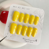 Qfdian 10Pcs Handmade Yellow Press On Nails Short Reusable Coffin Fake Nails Adhesive Full Cover False Wear Nail Cute Artificial Tips