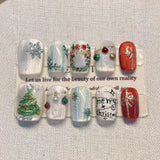 Qfdian  10Pcs Christmas-Themed Handmade Press-On Nail European-Style Gold-Plated Cat's Eye 3D Silver Snowflake Christmas Tree Nails