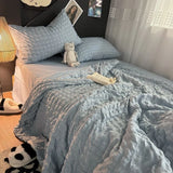 Qfdian 4ps INS Girl Blue Bedding Sets Solid Color Seersucker Ruffles Lace Kawaii Soft Sheet Woman Duvet Cover Pillow Covers Quilt Cover