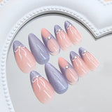 Qfdian  24pcs Milk Blue French Style Press On Nails Glitter Almond Cat's Eye Fake Nails With Bowknots Diamond Decor Charming False Nail