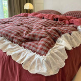 Qfdian  ‌Korean-Style Red Plaid Washed Bedding Set - Vintage Lace Trim 4-Piece/3-Piece Dorm Sheet & Duvet Cover Set