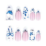 Qfdian  24pcs Simple Blue Bowknots Press On Nails Glossy White Edge French Style Flower Brid Pattern Spring False Nails Almond Fake Nail