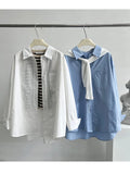 Qfdian  Elegant Commute White Shirts Long Sleeve Korean Fashion Women Turn-Down Collar Loose Casual Blue Shirts Pocket Tops Blouses