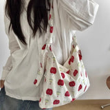 Qfdian Fashion Women Sweet Kawaii Print Handbags Y2k Aesthetic Chic Preppy Cute Canvas Bags Office Lady All Match Shoulder Underarm Bag