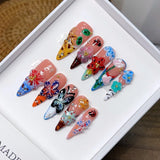 Qfdian  10pcs Retro Court Style Fake Nails 3D Embossed Flower False Nails Golden French Nail Art Colorful Long Stiletto Press on Nails