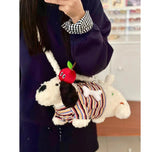 Qfdian Japanese Fluffy Cartoon Striped Dog Shoulder Bag Kawaii Sweet Fashion Women's Handbags Y2k Aesthetic Cute Crossbody Bags Trendy