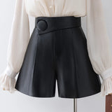 Qfdian  y2k Irregular Waist PU Shorts Women New Wide Leg A-Line Black Shorts Harajuku Loose Casual Faux Leather Shorts Female