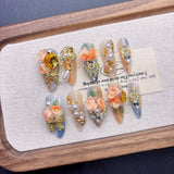 Qfdian Luxury Press On Nails French Romantic Style with Alloy Gems Crystal Pearls Resin Flowers Elegant Glam Design for Party Wedding