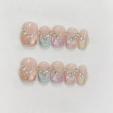 Qfdian  10Pcs Cute Cat Eye Press on Nails Short Square False Nails with Glue Dreamy Butterfly Fake Nails Full Cover Colorful Vortex Nail